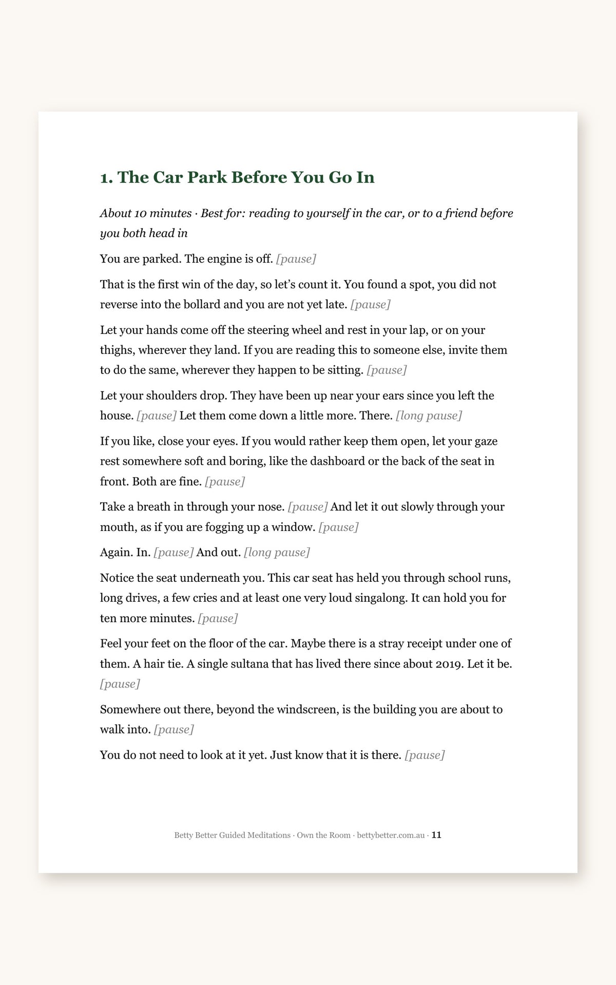 Inside Own the Room: first page of the 10-minute script The Car Park Before You Go In