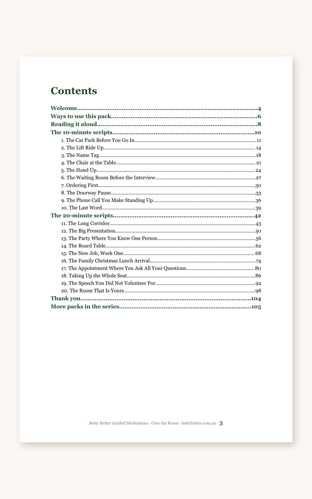 Inside Own the Room: contents page listing all 20 guided meditation scripts