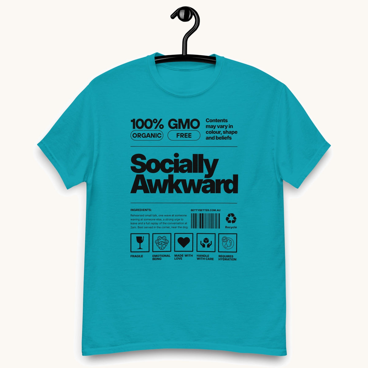 Socially Awkward funny nutrition-label t-shirt in tropical blue by Betty Better