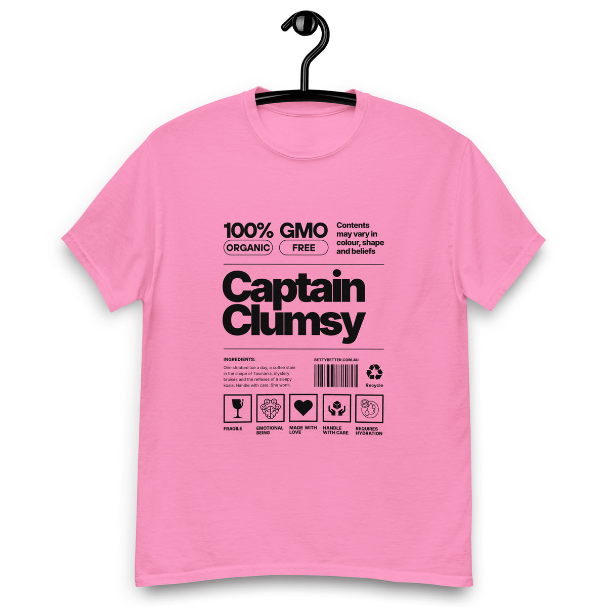 Captain Clumsy funny nutrition label t-shirt in azalea pink