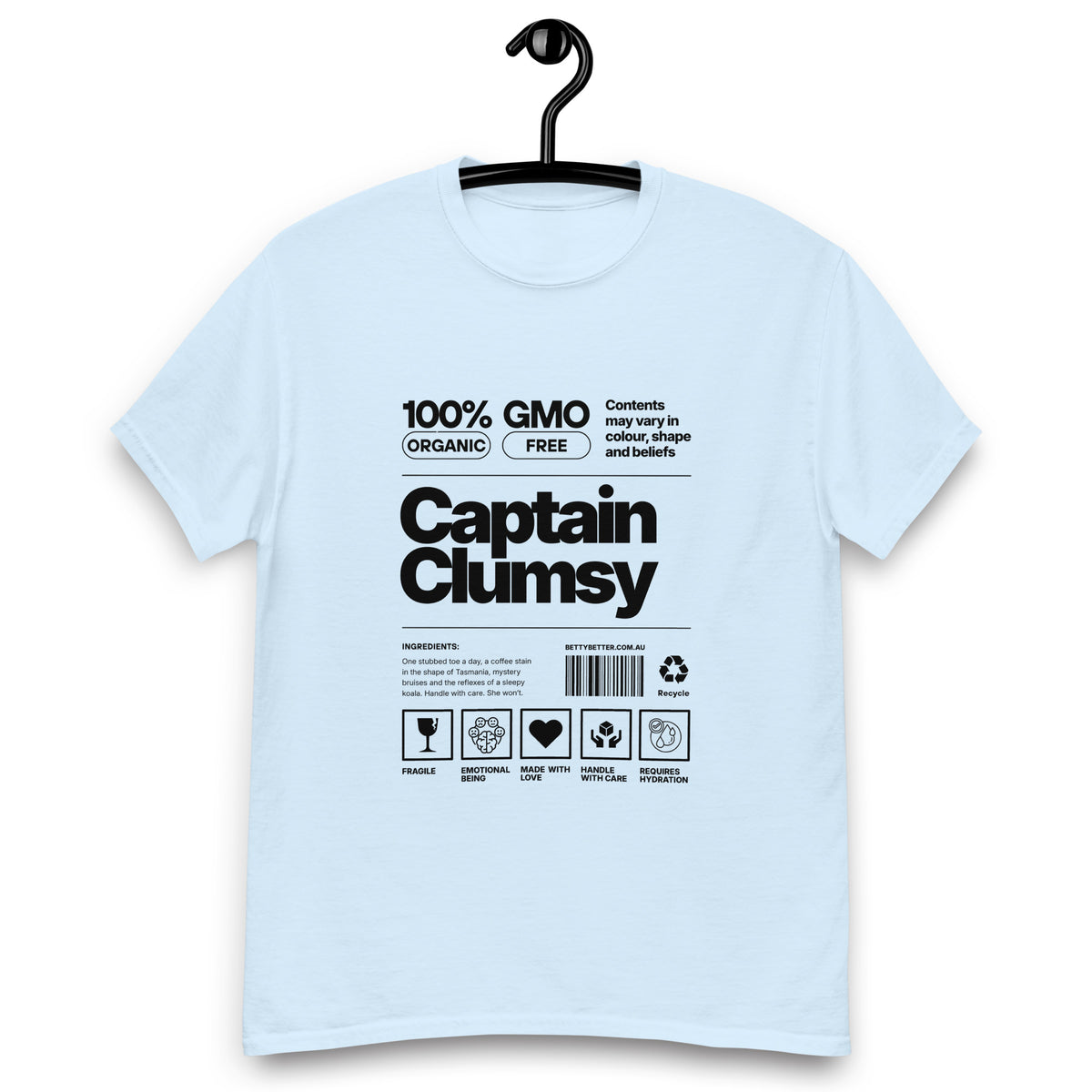 Captain Clumsy funny nutrition label t-shirt in light blue