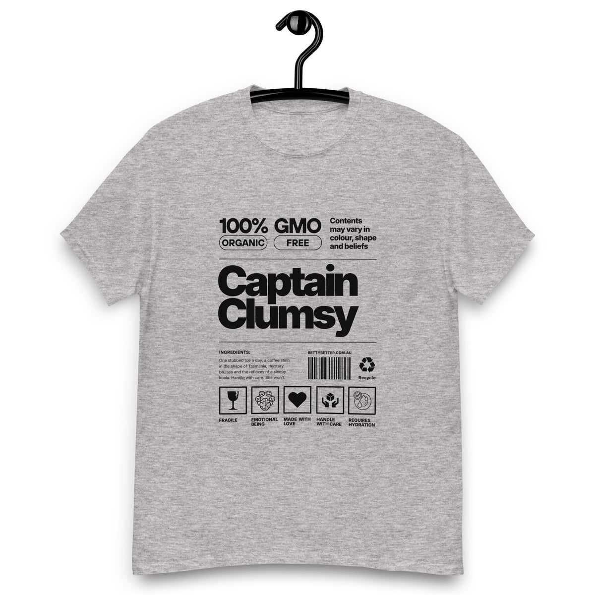 Captain Clumsy funny nutrition label t-shirt in sport grey