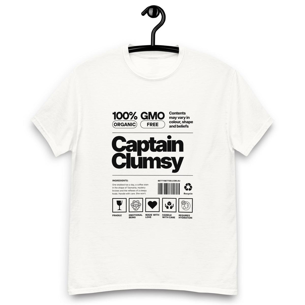 Captain Clumsy funny nutrition label t-shirt in white