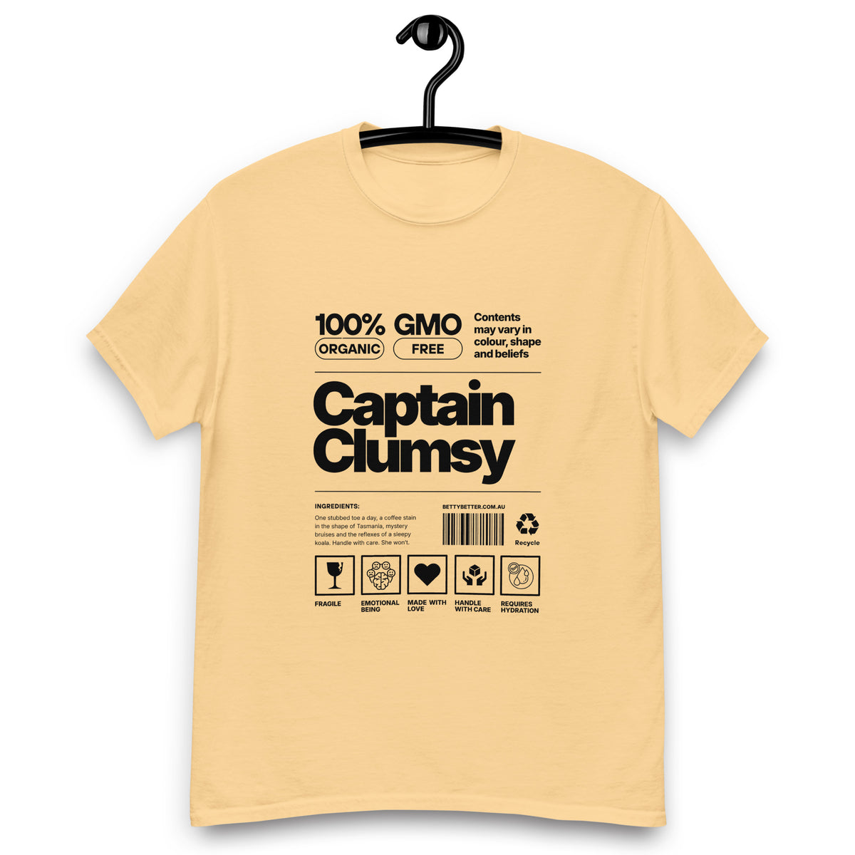 Captain Clumsy funny nutrition label t-shirt in yellow haze