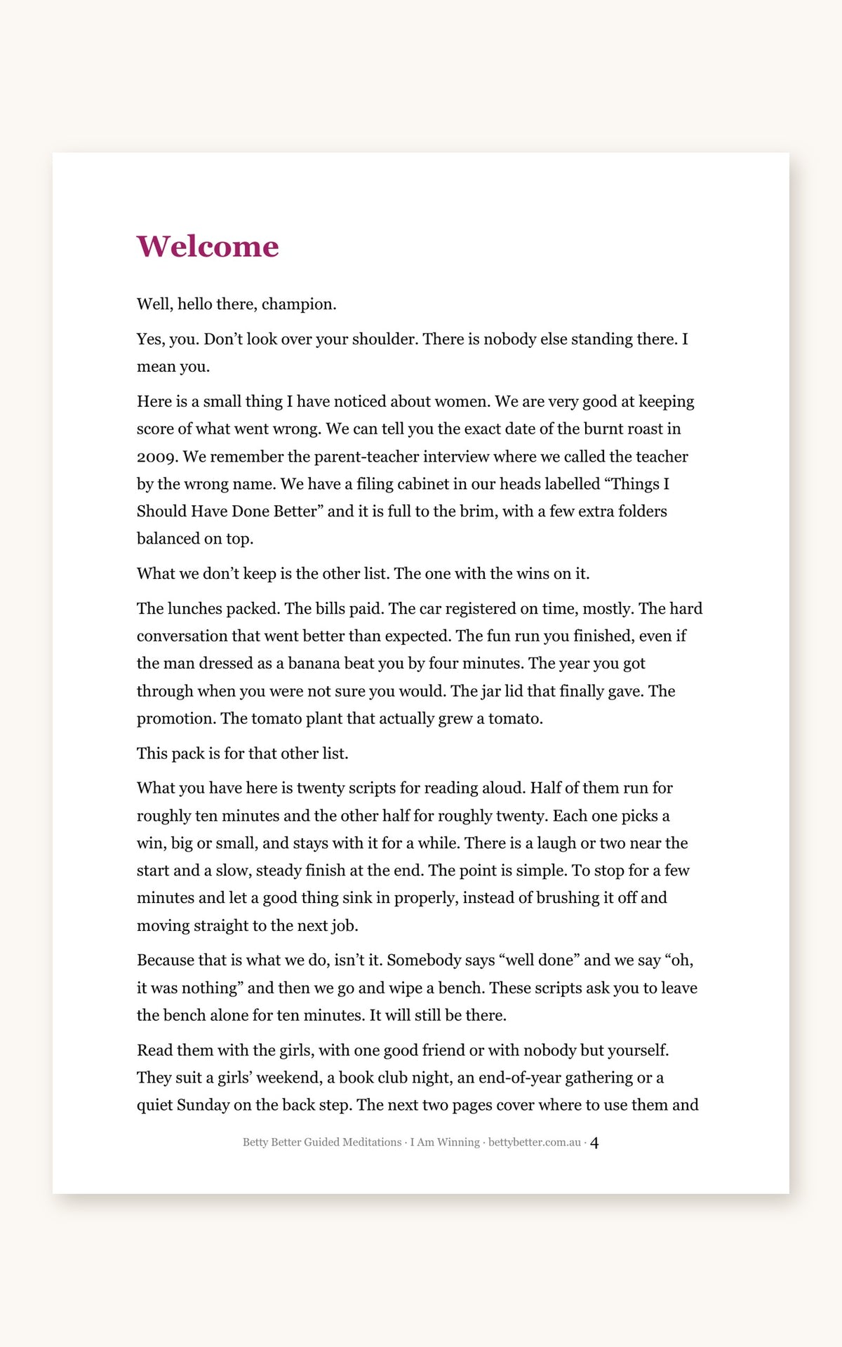 Inside I Am Winning: welcome page from Betty